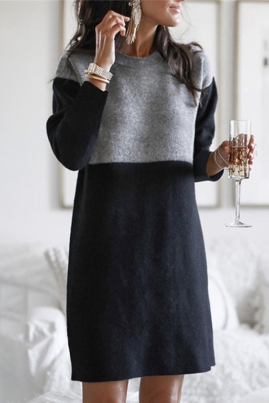 Leisure Women's Sweater Dress Color Block Contrast Panel Ribbed Trim Crew Neck Long Sleeves Regular Fitted Midi Knitted Sweater Dress