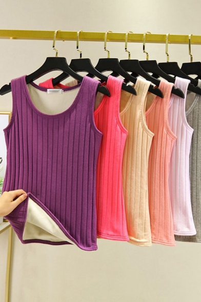 Leisure Women's Tank Top Solid Color Ribbed Knit Round Neck Inner Brushed Sleeveless Slim Fitted Cami Top