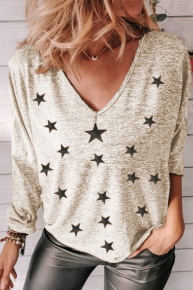 Leisure Womens Tee Top All over Star Print V Neck Long Sleeves Regular Fitted T-Shirt