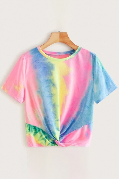 Popular Womens Tie Dye Printed Short Sleeve V-neck Cut out Loose Cropped Tee Top in Pink (Pictures for Reference)