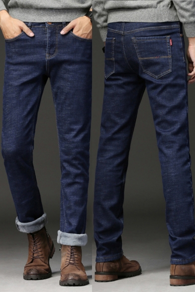 Retro Mens Business Jeans Dark Wash Thickened Zipper Fly Full Length Slim Fit Straight Jeans