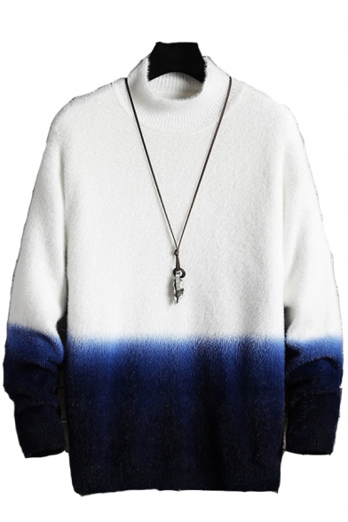 Retro Mens Sweater Ombre Pattern Ribbed Trim Velvet Long-sleeved Regular Fitted Knitted Sweater