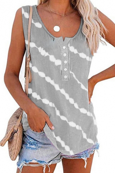 Simple Girls Tank Top Striped Round Neck Button Up Loose Fit Tank