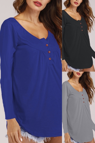 Simple Ladies T-shirt Solid Color Long Sleeve V-neck Button Up Relaxed T Shirt