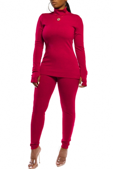 Simple Womens Co-ords Solid Color Long Sleeve Mock Neck Fit Tee Top & Pants Set