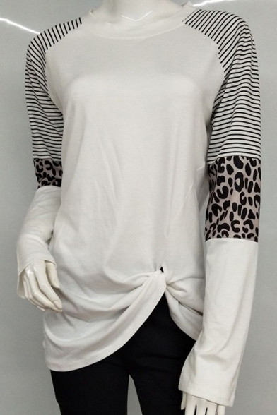 Simple Womens T-shirt Stripe Leopard Printed Twist Hem Long Sleeve Round Neck Relaxed Fit Tee Top