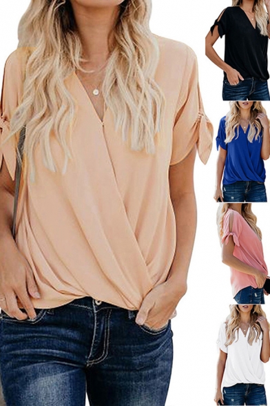 Solid Color Tied Short Sleeve Surplice Neck Loose Fitted Casual Blouse Top for Ladies