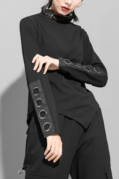 Street Black Tee Top Metal Decoration Panel Long Sleeve High Neck Asymmetric Hem Relaxed T Shirt