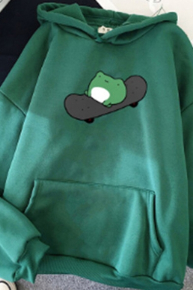 Trendy Women's Hoodie Frog Pattern Kangaroo Pocket Ribbed Trim Long Sleeves Relaxed Fit Hooded Sweatshirt