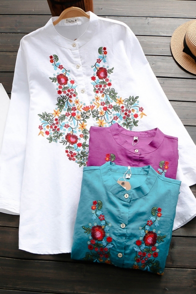 Trendy Women's Shirt Blouse Floral Embroidered Button Fly Round Neck Long Sleeves Relaxed Fit Shirt Blouse