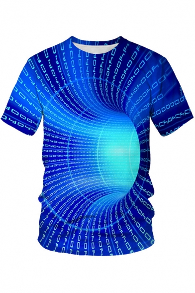 Unique Mens Tee Top 3D Digital Numeral Data Pattern Crew Neck Short-sleeved Regular Fitted T-Shirt