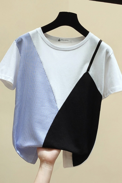Unique Women's Tee Top Contrast Panel Stripe Panel Round Neck Short-sleeved Regular Fitted T-Shirt