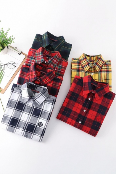 Womens Casual Shirt Plaid Pattern Long Sleeve Point Collar Button Up Embroidered Loose Shirt Top