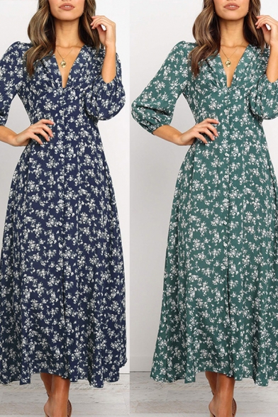 Womens Stylish Dress Ditsy Flower Print 3/4 Sleeve Deep V-neck Long A-line Dress