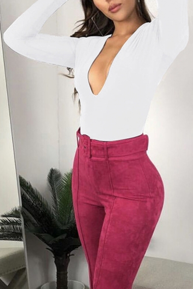Casual Women's Bodysuit Solid Color Deep V Neck Long Sleeves Slim Fitted Bodysuit T-Shirt