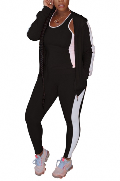 Casual Womens Co-ords Contrasted Long Sleeve Jacket & Tank & Leggings Set