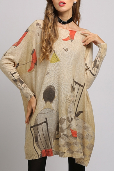 Casual Womens Top Cat Printed Long Sleeve Round Neck Loose Tunic Knit Top