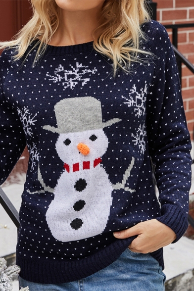 Christmas Series Long Sleeve Round Neck Pom Pom Embellished Cute Cartoon Deer Printed Blue Fitted Sweater