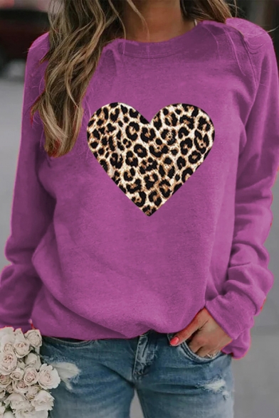 Classic Womens Sweatshirt Heart Shaped Leopard Print Long Sleeve Crew-neck Loose Pullover Sweatshirt