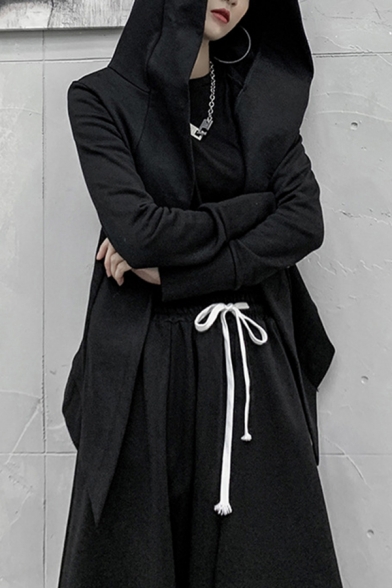 Cool Womens Coat Long Sleeve Hooded Open Front Irregular Hem Loose Fit Coat in Black