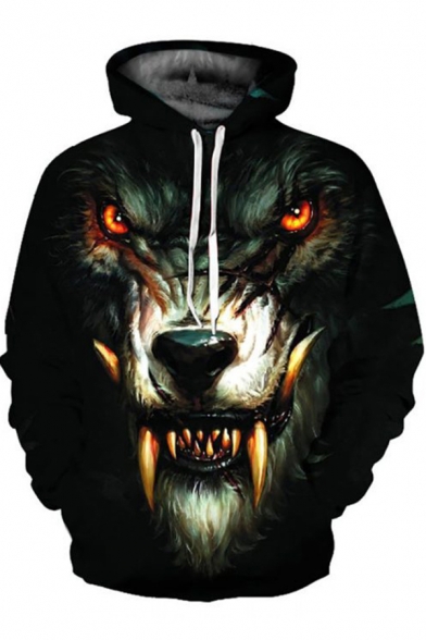 Creative Men's Hoodie Wolf Head 3D Print Kangaroo Pocket Long Sleeves Regular Fitted Drawstring Hooded Sweatshirt