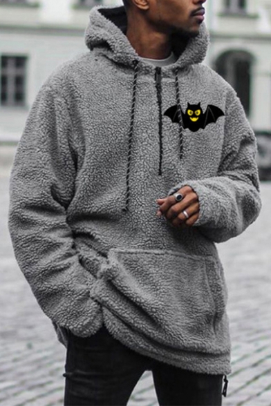 Elegant Men's Hoodie Fur Fleece Bat Print Front Pocket Long Sleeves Regular Fitted Drawstring Hooded Sweatshirt