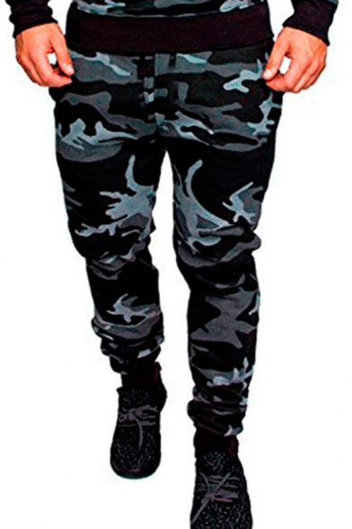 Elegant Mens Panst Camo Printed Side Pockets Low Drawstring Waist Regular Fitted Banded Cuffs Long Pants