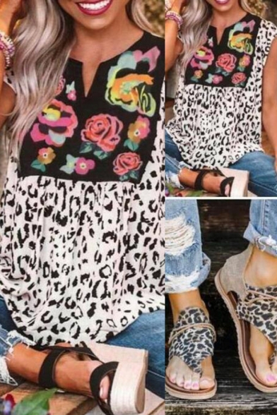 Elegant Women's Tee Top Floral Embroidered Leopard Print Patchwork Pleated Detail Contrast Panel V Neck Short Sleeves Regular Fitted T-Shirt