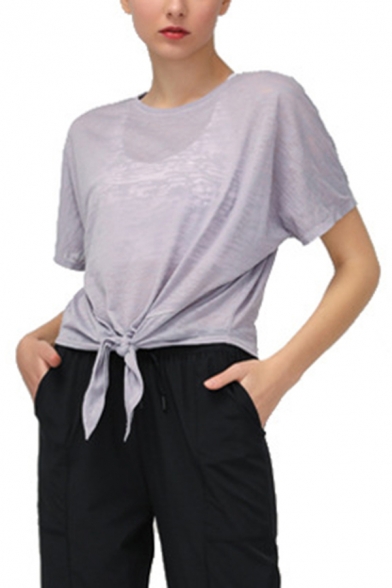 Elegant Women's Training Tee Top Heathered Front Tie Round Neck Short-sleeved Regular Fitted Workout T-Shirt