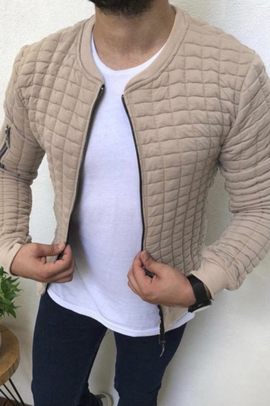 Fancy Men's Jacket Quilted Side Pocket Zip Fly Ribbed Trim Long Sleeves Slim Fitted Jacket