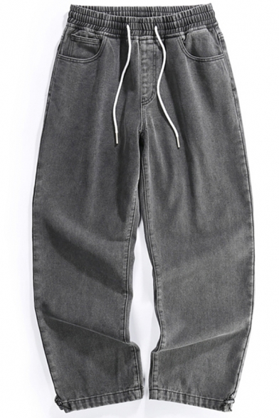 Fancy Men's Jeans Faded Wash Side Pockets Drawstring Waist Long Wide-Leg Pants