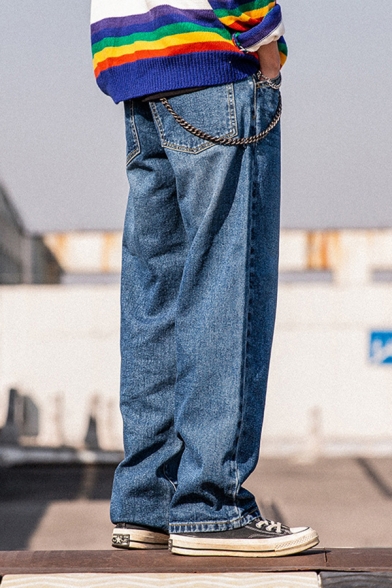 Fancy Men's Jeans Pocket Detail Zip Fly Mid Waist Ankle Length Straight Denim Jeans