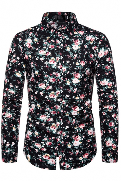 Fancy Men's Shirt Paisley Floral Pattern Button-down Long Sleeves Regular Fitted Turn-down Collar Long Sleeves Slim Fitted Shirt