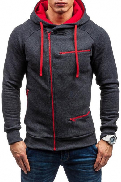 Fancy Mens Hoodie Contrast Panel Zip Closure Pocket Long Sleeves Regular Fitted Drawstring Hooded Sweatshirt