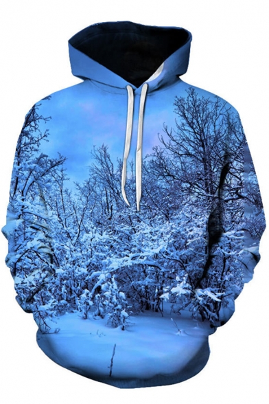 Fancy Mens Hoodie Landscape Tree 3D Print Front Pocket Long Sleeves Regular Fitted Drawstring Hooded Sweatshirt