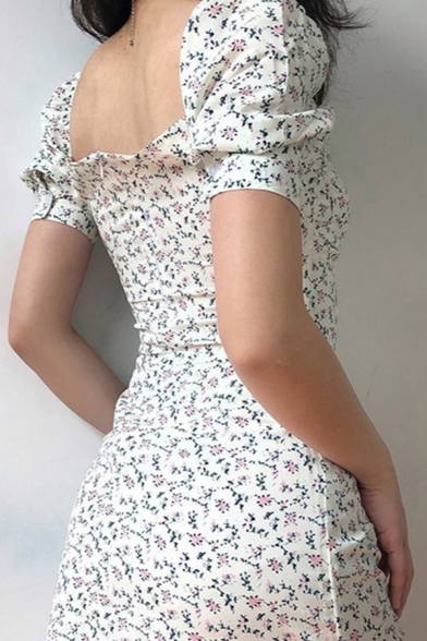 Fancy Women's Bodycon Dress Ditsy Floral Pattern Front Tie Ruched Front Short Puff Sleeves Slim Fitted Short Bodycon