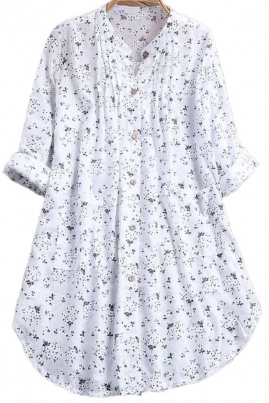 Fancy Women's Ditsy Floral Pattern Pleated Front Button Fly Long Sleeves Cotton and Linen Relaxed Fit Shirt Blouse