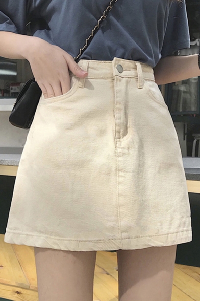 Fancy Women's Skirt Solid Color Side Pocket Zip Fly High Rise Regular Fitted A-Line Skirt