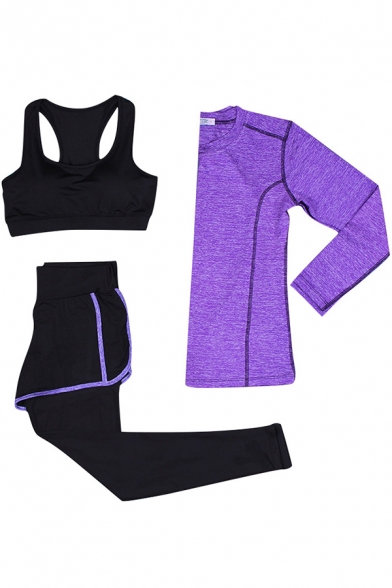 Fitness Ladies Set Contrast Piped Long Sleeve Crew Neck Fit T-shirt & Leggings & Crop Tank Set
