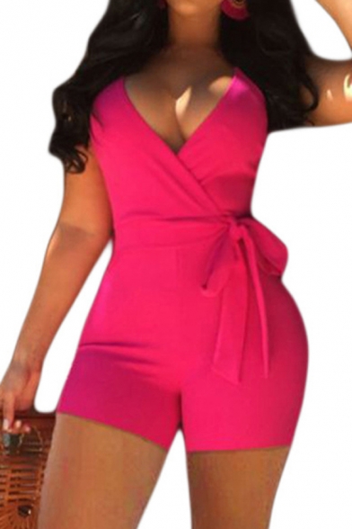 Leisure Women's Rompers Solid Color Wrap Tie Front Spaghetti Strap Sleeveless Fitted Rompers