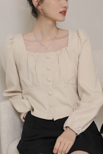 Leisure Women's Shirt Blouse Solid Color Button Fly Pleated Square Neck Long Puff Sleeves Regular Fitted Shirt Blouse