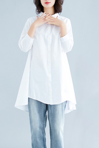 Leisure Women's Shirt Blouse Solid Color Button Fly Turn-down Collar Half Sleeves Asymmetrical Hem Relaxed Fit Shirt Blouse