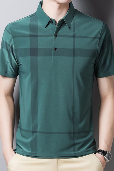 Mens Business Polo Shirt Chic Stripe Plaid Print Thin Button Detail Short Sleeve Turn-down Collar Slim Fit Polo Shirt