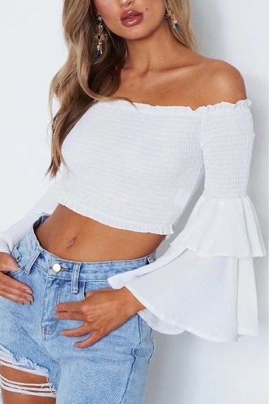 Off The Shoulder Ruffle Tiered Long Sleeve Plain Crop Blouse