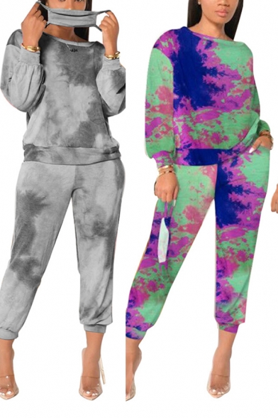 Pretty Ladies Co-ords Tie Dye Printed Cut Out Back Loose Sweatshirt & Relaxed Pants Set