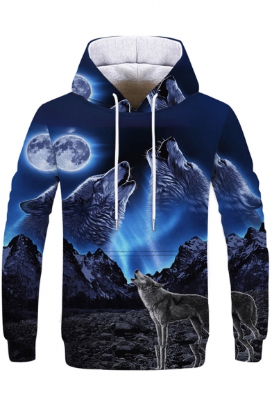 Retro Men's Hoodie Wolf Moon Galaxy 3D Pattern Front Pocket Long Sleeves Regular Fitted Drawstring Hooded Sweatshirt