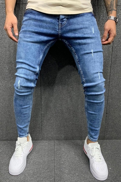 Stylish Men's Jeans Distressed Faded Wash Zip Fly Ankle Length Skinny Jeans