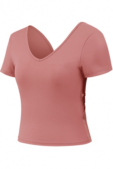 Casual Women's Tee Top Plain Hollow out Back V Neck Short Sleeves Fitted Cropped Yoga T-Shirt