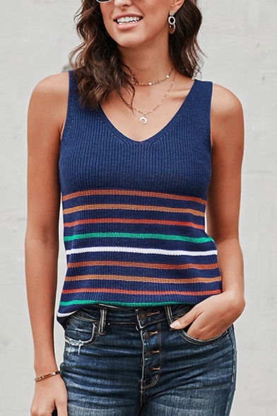 Cozy Girls Colorful Striped V-neck Knitted Loose Fitted Tank