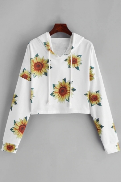 Cute Allover Sunflower Printed Long Sleeve Cropped White Hoodie